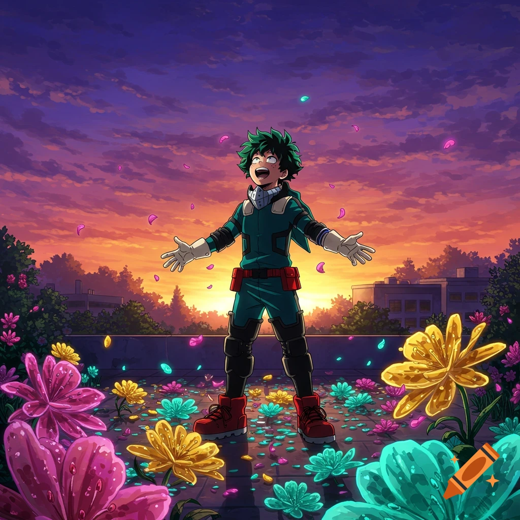 Izuku Midoriya stands smiling with outstretched arms among glowing colorful flowers on a rooftop at sunset, anime style.