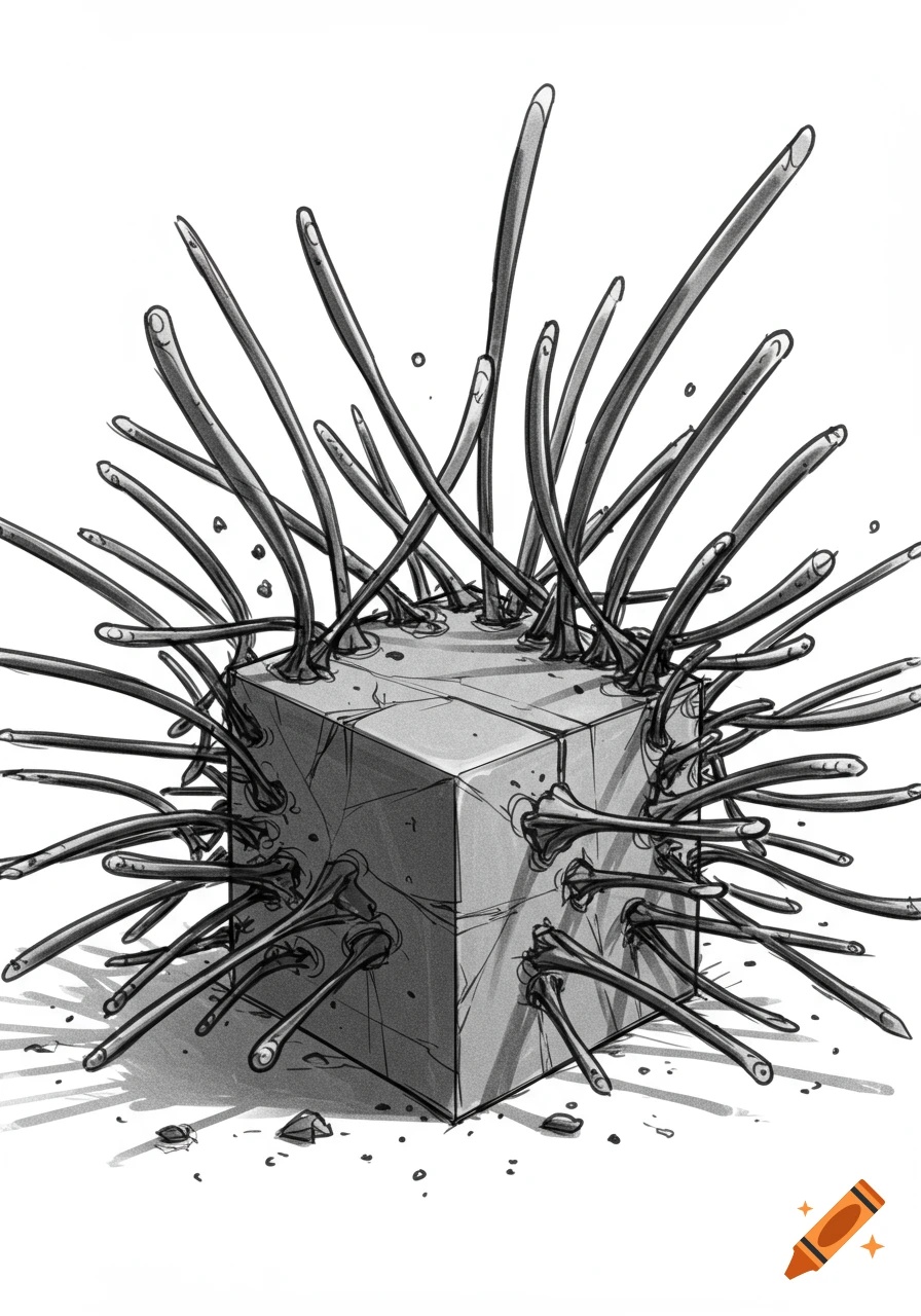 A black and white sketch illustration of a textured gray cube with numerous dark, needle-like protrusions emerging from its sides.