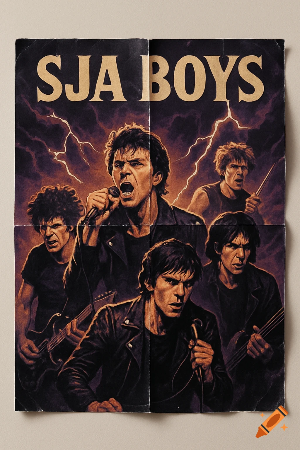 A folded poster illustration of a rock band, with "SJA BOYS" at the top, against a dark, lightning-filled sky.