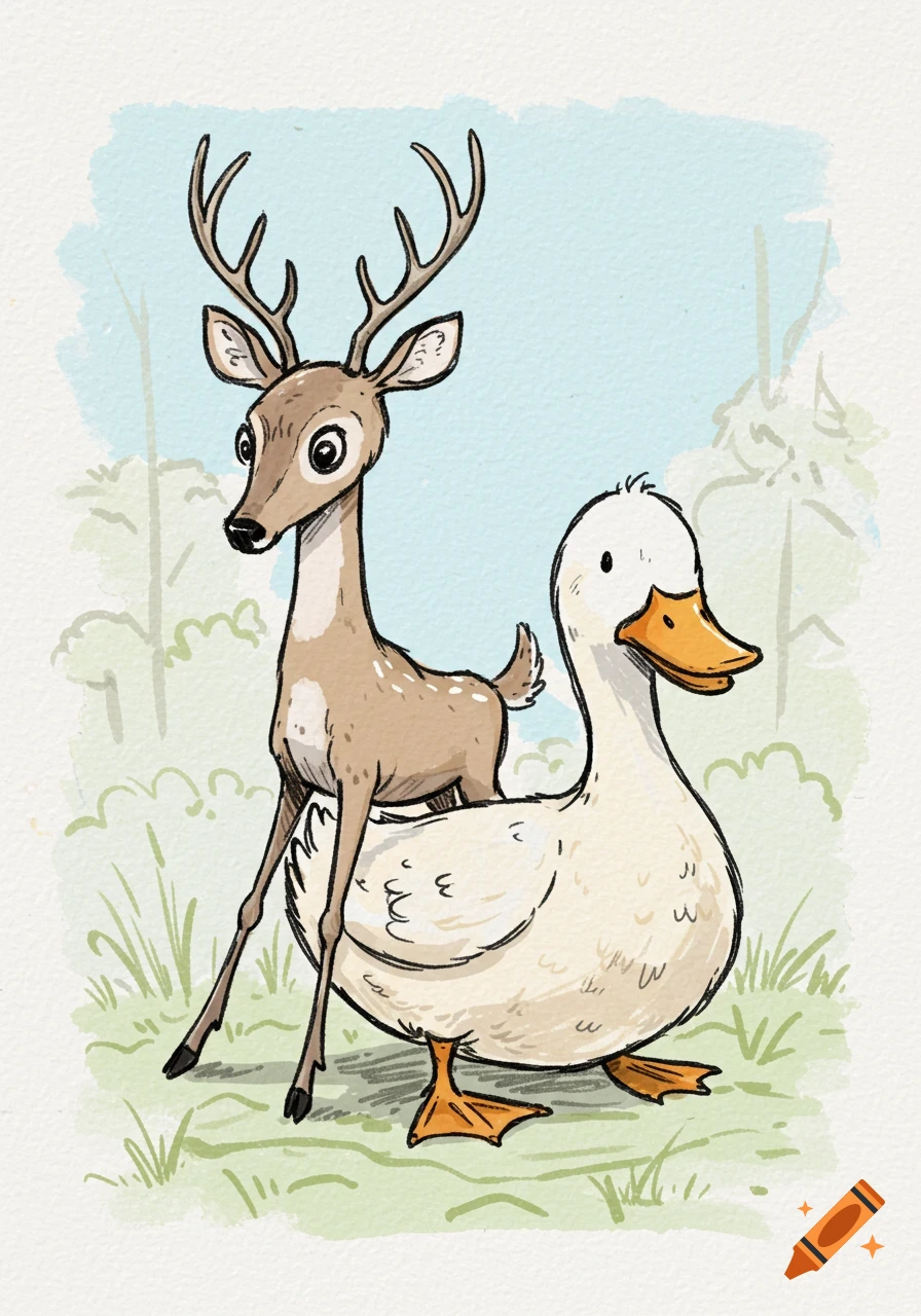 A cartoon fawn with antlers stands on a white duck in a hand-drawn watercolor style.