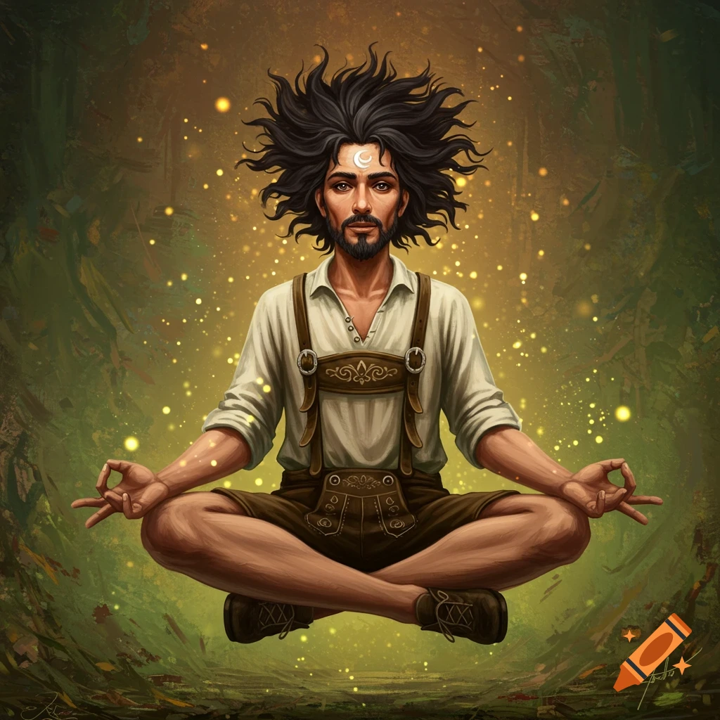 A bearded man with messy hair, wearing lederhosen, meditates while floating in a glowing forest with a crescent moon on his forehead.