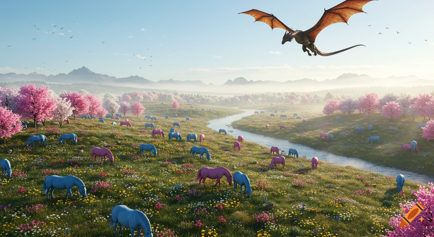 A wide, lush spring valley with pink and blue horses grazing among wildflowers and a river. A dragon flies overhead in a photorealistic style.
