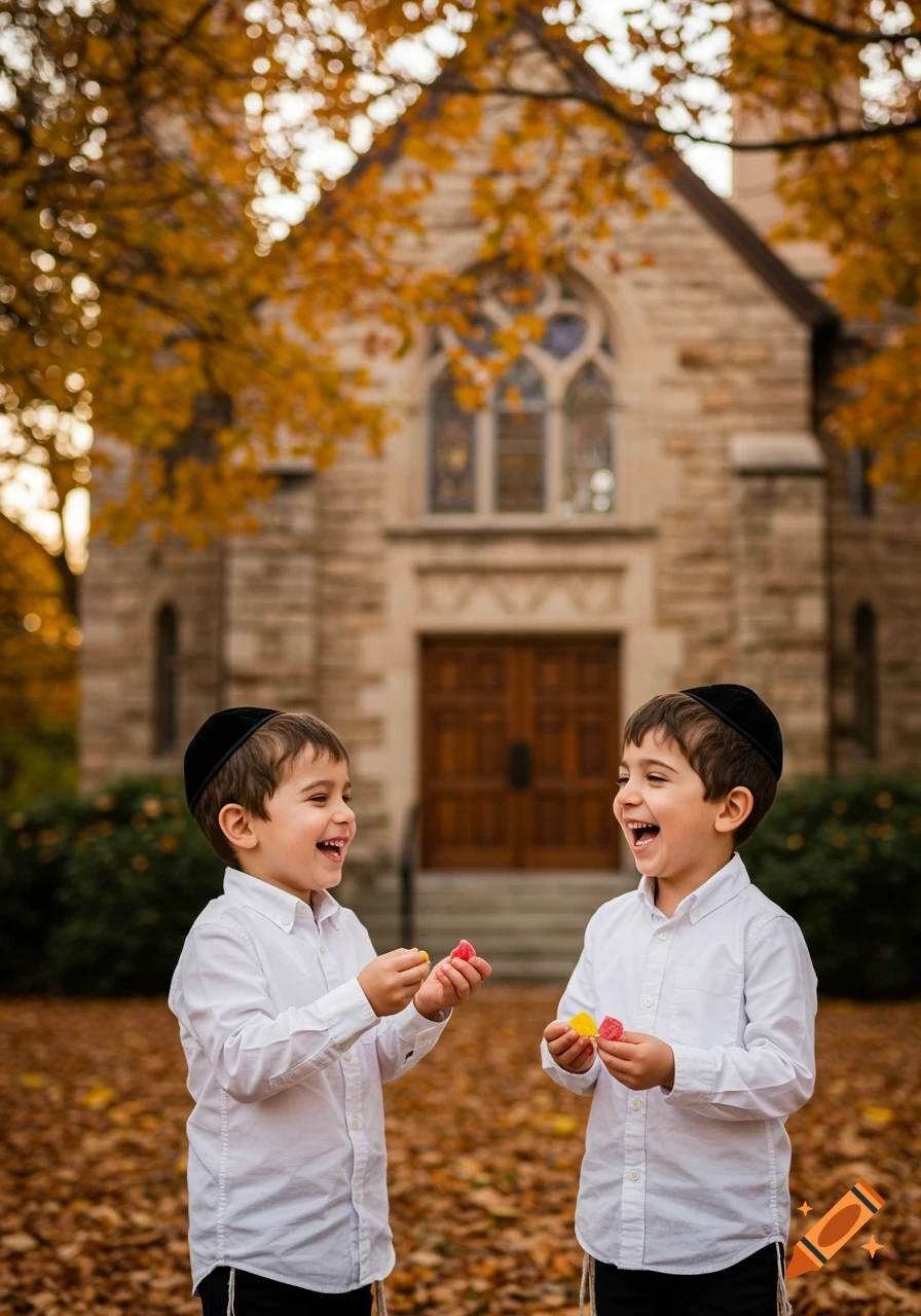 Two smiling Jewish boys in white shirts and yarmulkes hold colorful candies, standing on autumn leaves in front of a stone shul.