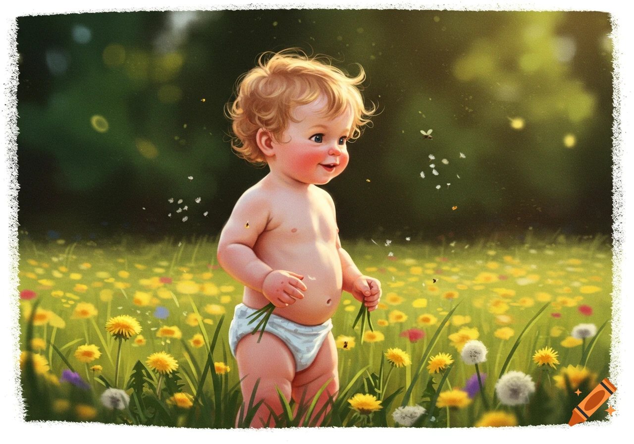 A smiling red-haired toddler in a diaper stands in a sunny field of yellow flowers, holding green stems.
