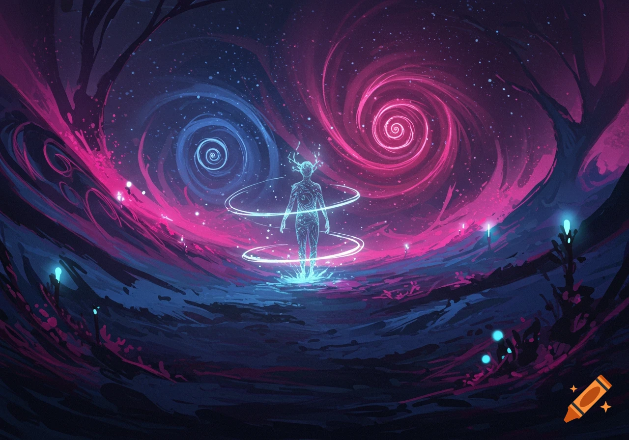 Ethereal humanoid figure with glowing antlers amidst swirling pink and blue cosmic galaxies and dark, stylized landscapes.