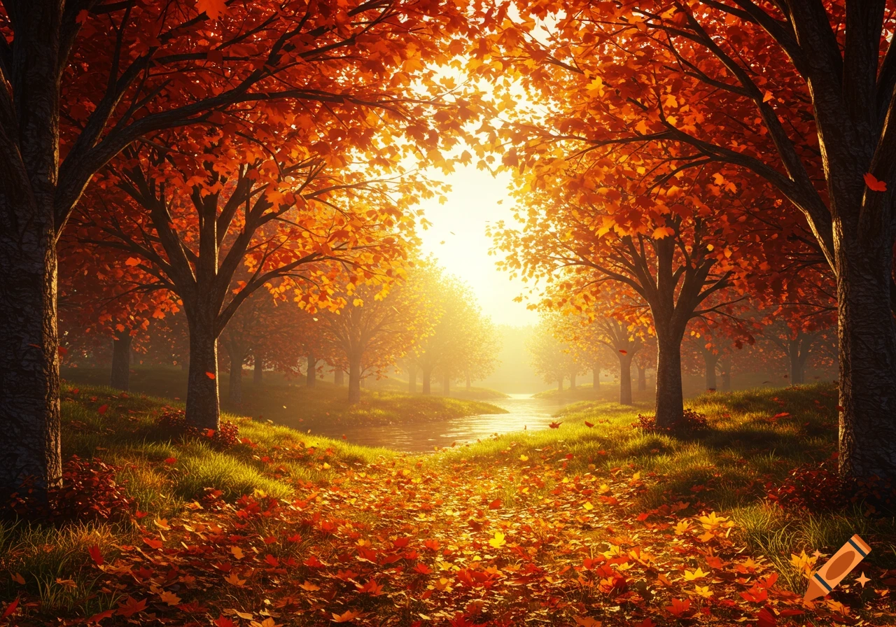 A sunny autumn forest with a path covered in orange and red leaves, glowing trees, and a small river.