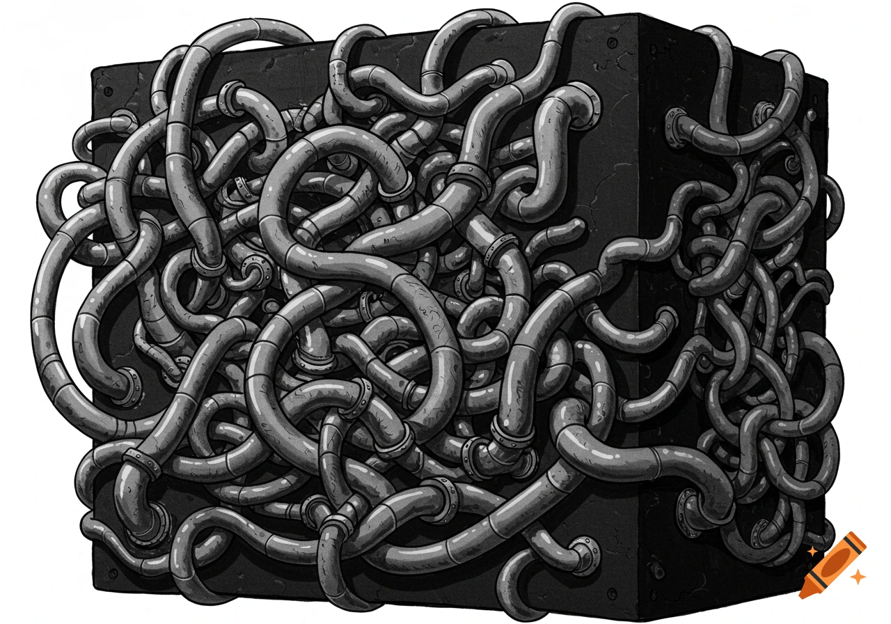 Black and white illustration of a mysterious black box entangled with numerous grey pipes and tubes.