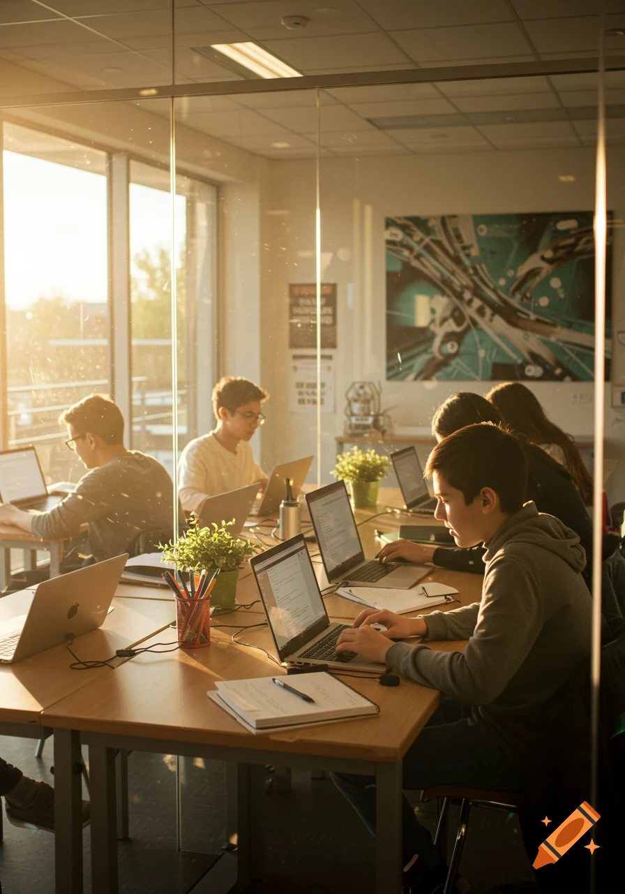 Young students work on laptops in a sunlit classroom or study area, with code visible on screens.