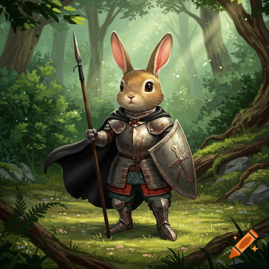 A cute bunny knight in weary armor and a black cape stands in a magical forest, holding a spear and a shield with a cross symbol.