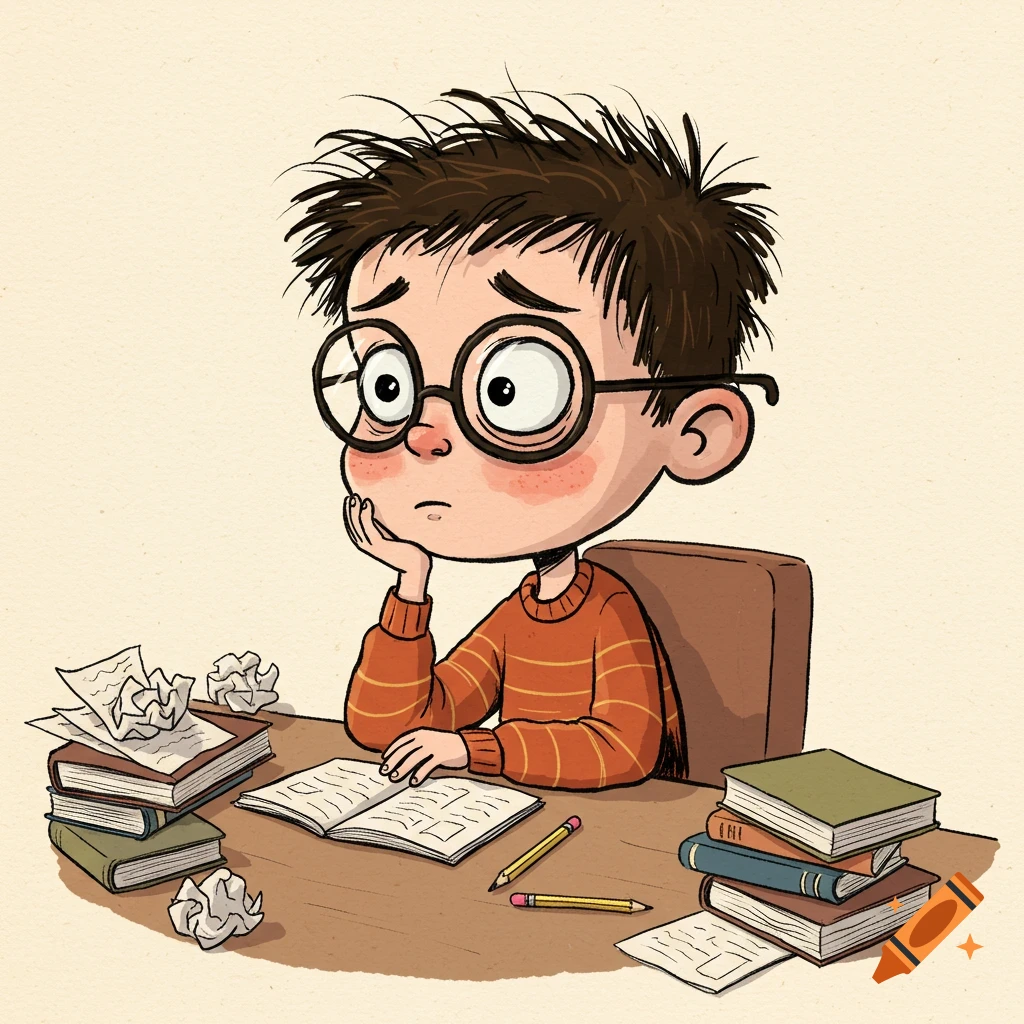 A worried cartoon boy with messy hair and glasses sits at a desk cluttered with books and crumpled papers, looking thoughtful.
