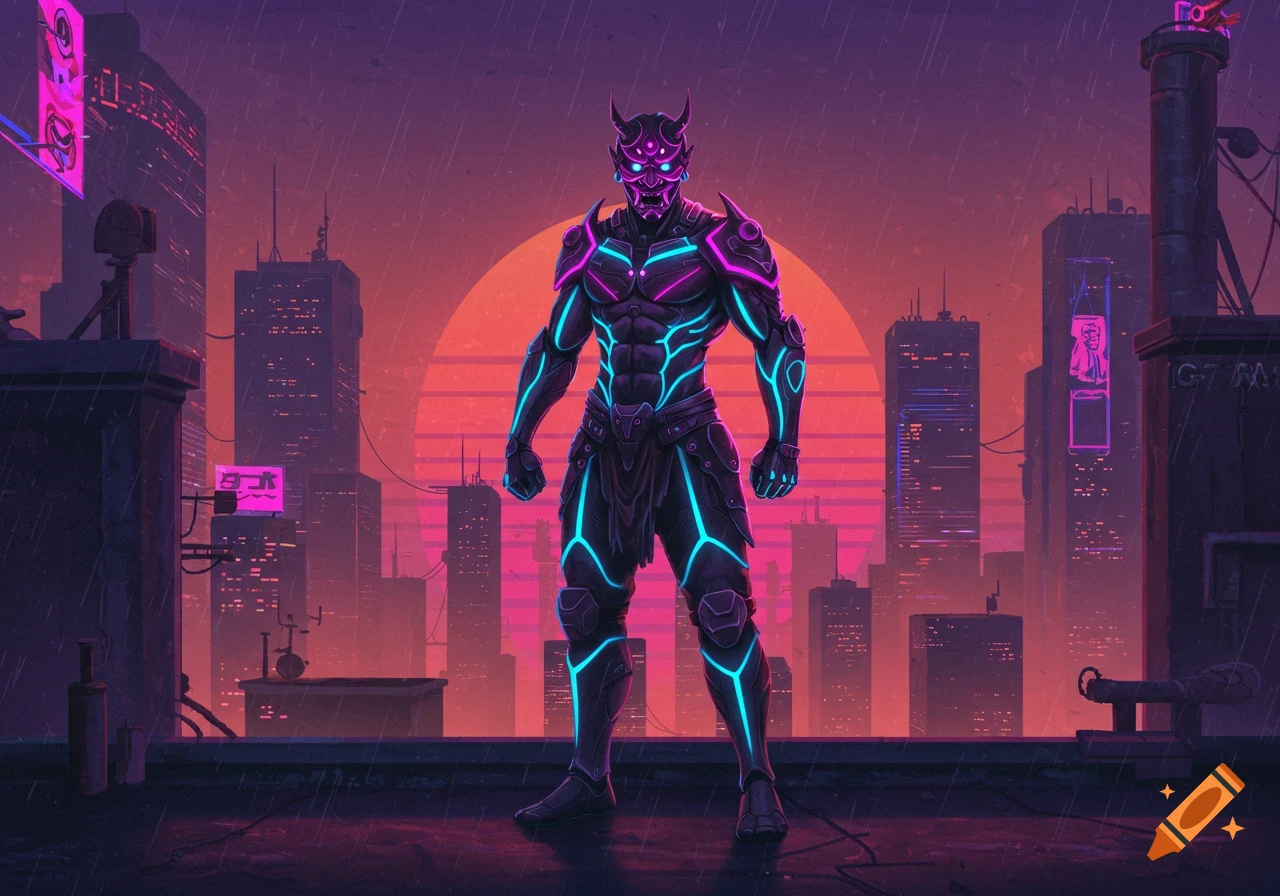 A retrowave-style illustration of an Oni warrior in glowing blue and pink armor standing on a rainy city rooftop at sunset.