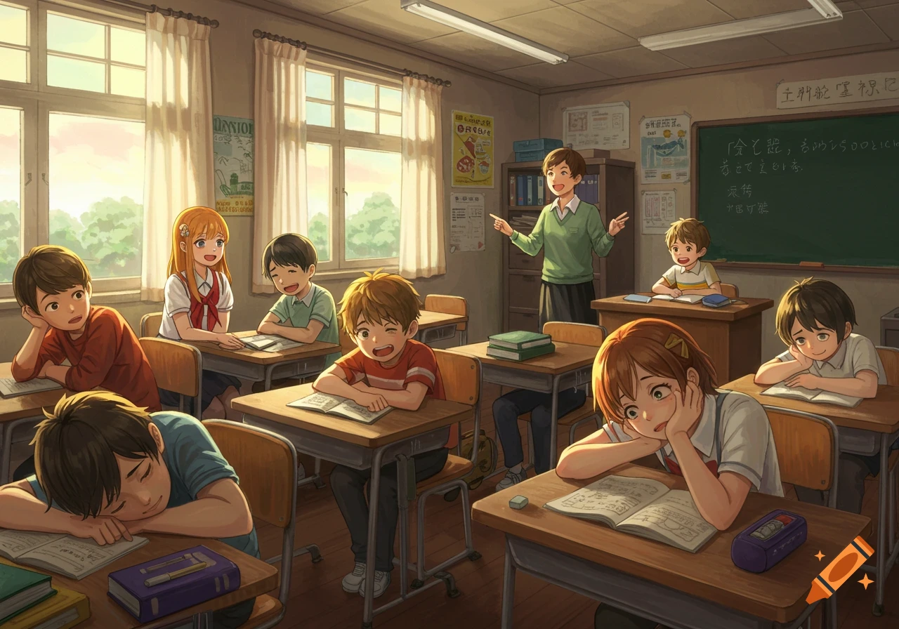 An anime illustration of a classroom with a teacher speaking to students, who show a range of expressions from sleepy to excited.