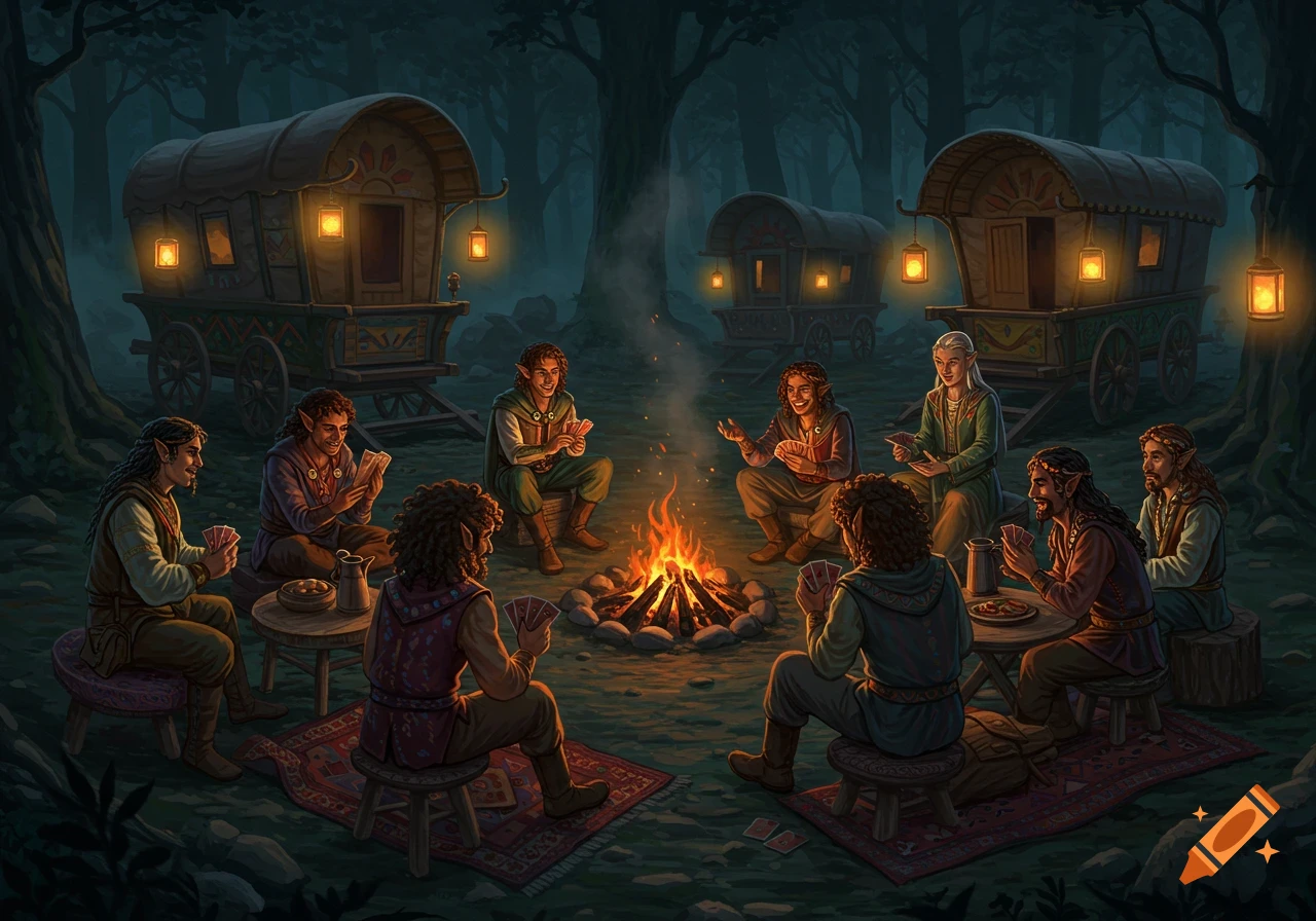 Elvish travelers with dark curly hair and colorful clothes play cards around a campfire at night in a dark forest, surrounded by glowing wagons.