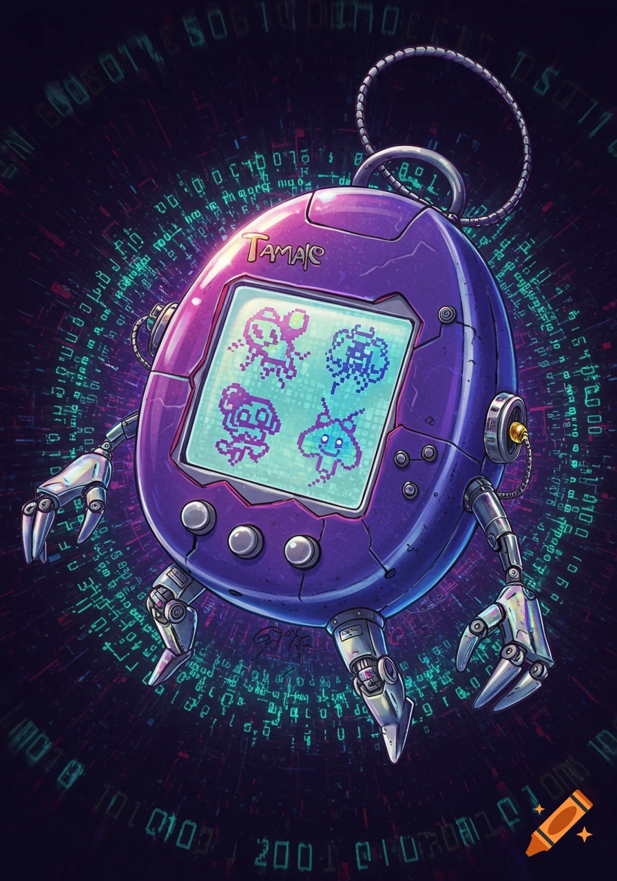A vibrant digital illustration of a purple, robotic Tamagotchi-like device with metal limbs, displaying pixel art creatures on its screen. It floats against a dark, glowing background of green binary code.