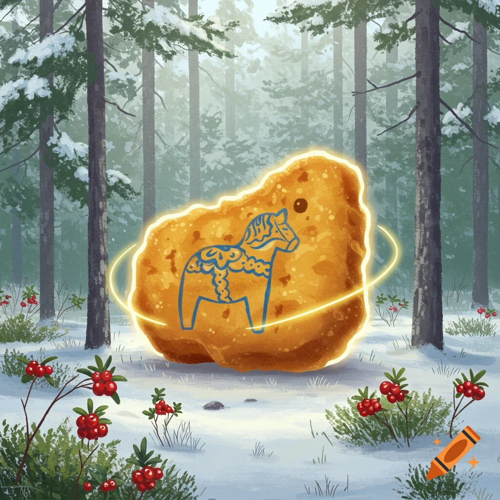 A glowing, large chicken nugget with a blue Dala horse pattern rests in a snowy forest, illustrated.