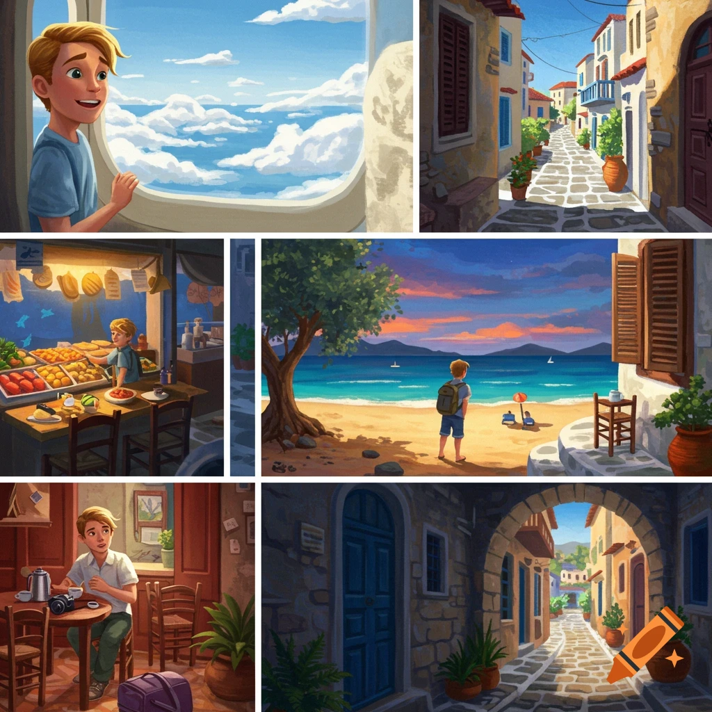 A six-panel illustrated collage depicting a boy's travel story in Greece, showing him flying, exploring village streets, visiting a market, relaxing on a beach, and sitting in a cafe.