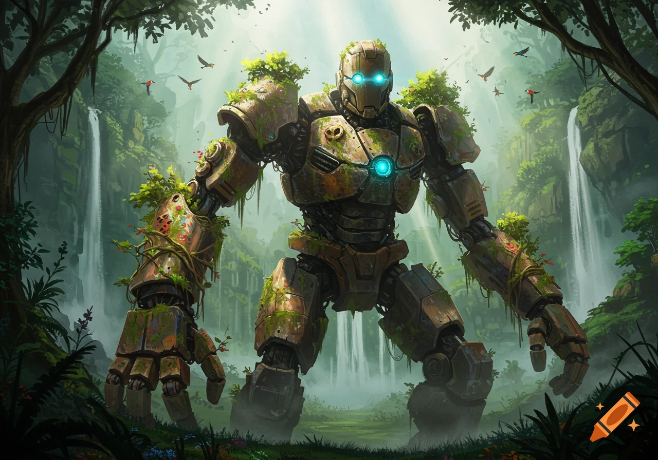 A large, moss-covered robot with glowing blue eyes and chest stands in a lush jungle with two waterfalls and birds flying overhead.