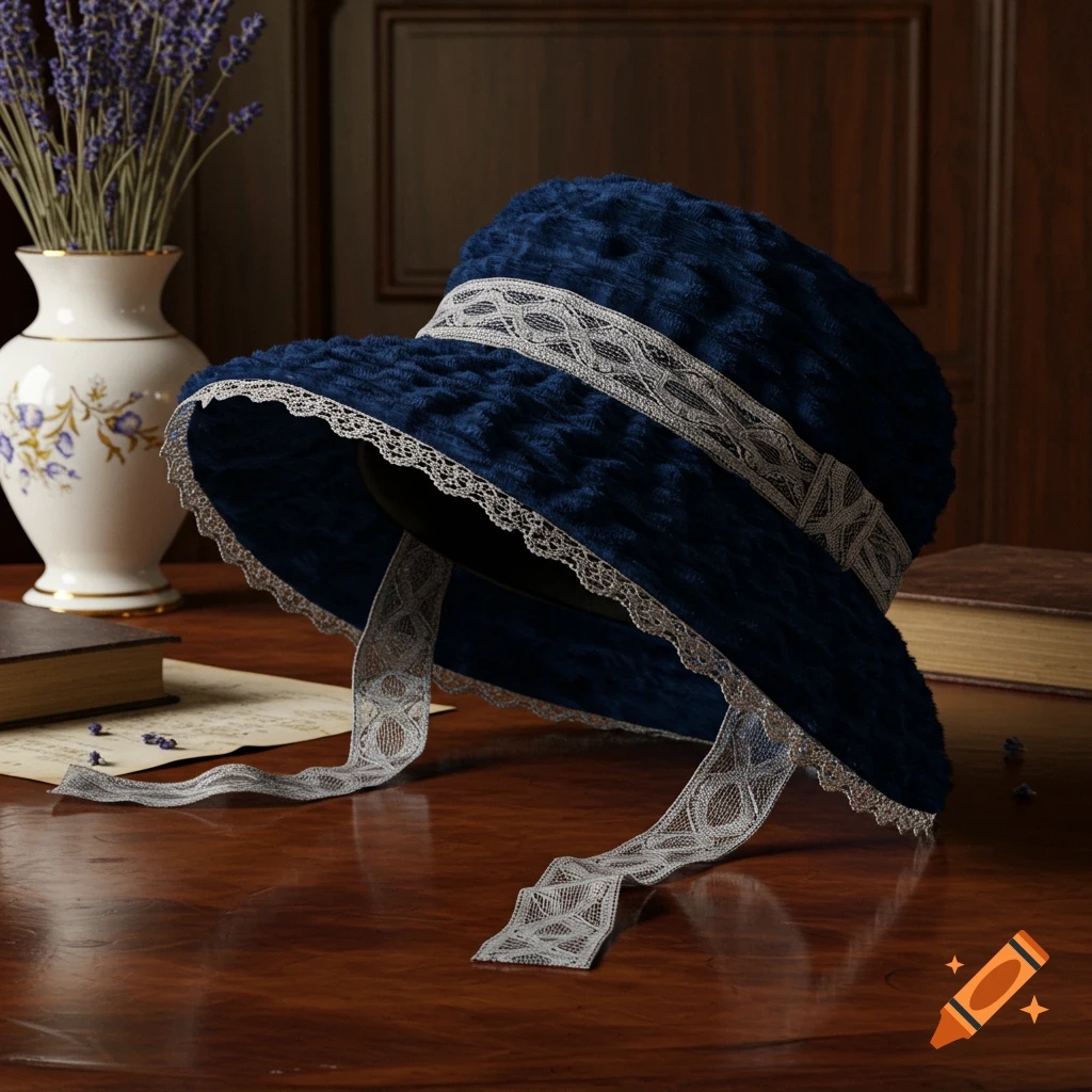 A dark blue velvet bonnet with grey lace trim and ribbons rests on a polished wooden desk next to a vase of lavender and old books.