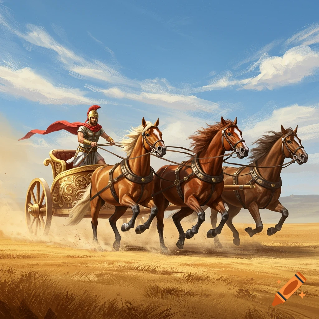 A warrior in a red cape drives a golden chariot pulled by three brown horses through a dusty field.