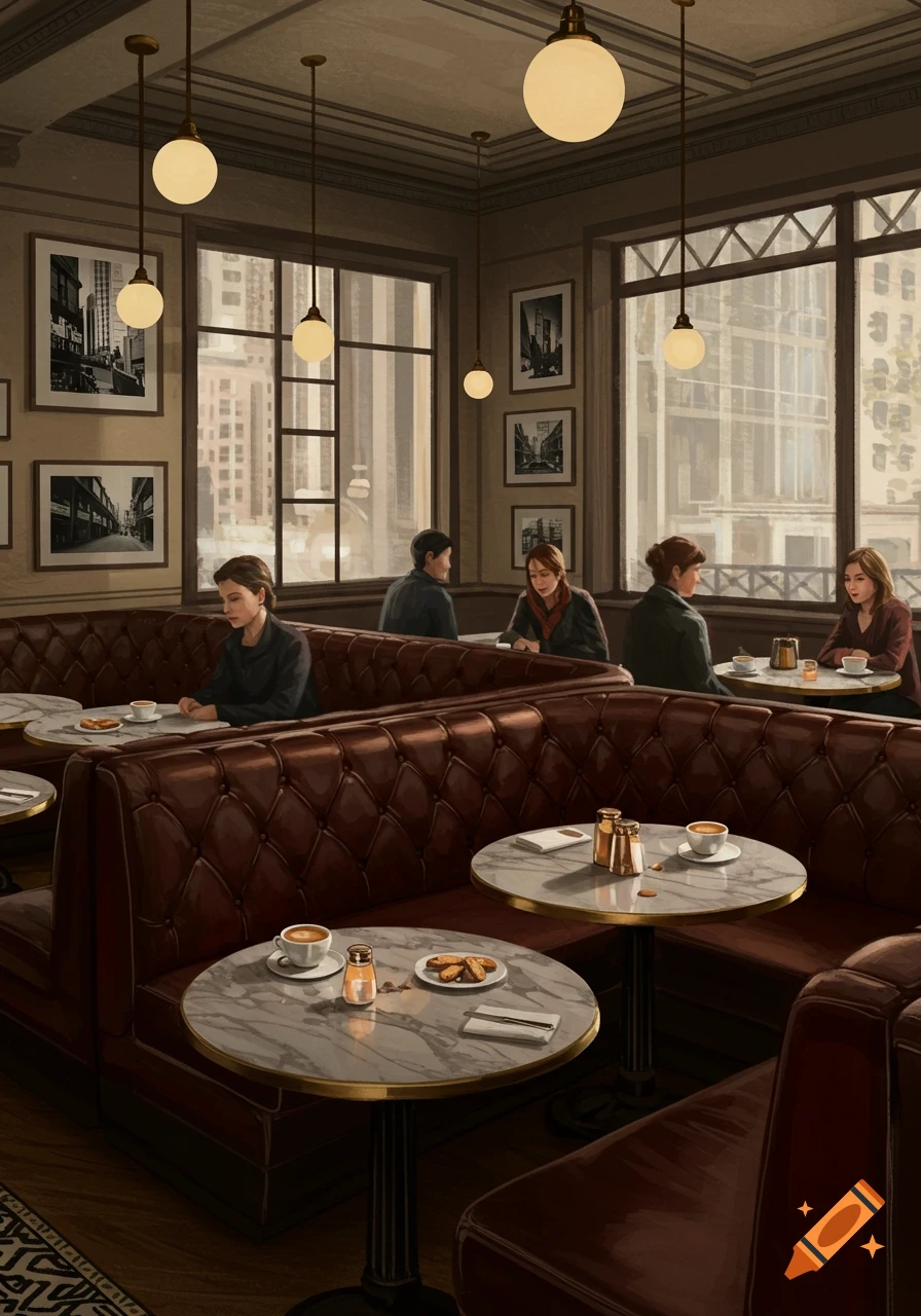 An illustrative image of a cozy New York-style cafe interior with brown leather banquettes, marble tables, and people.
