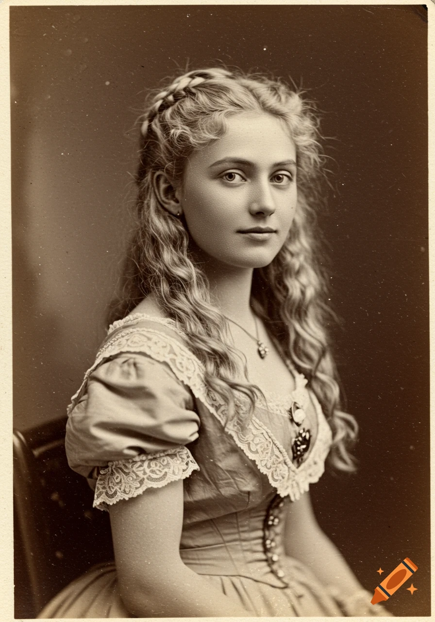 A young woman with blonde curly hair and braids, dressed in a Victorian lace gown, captured in a sepia-toned portrait.