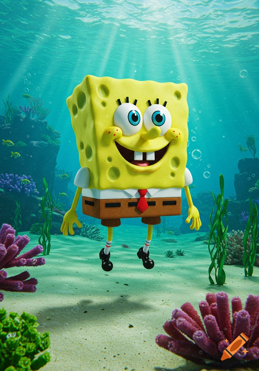 Hyperrealistic 3D render of Spongebob Squarepants floating underwater above a sandy seafloor with coral and aquatic plants.