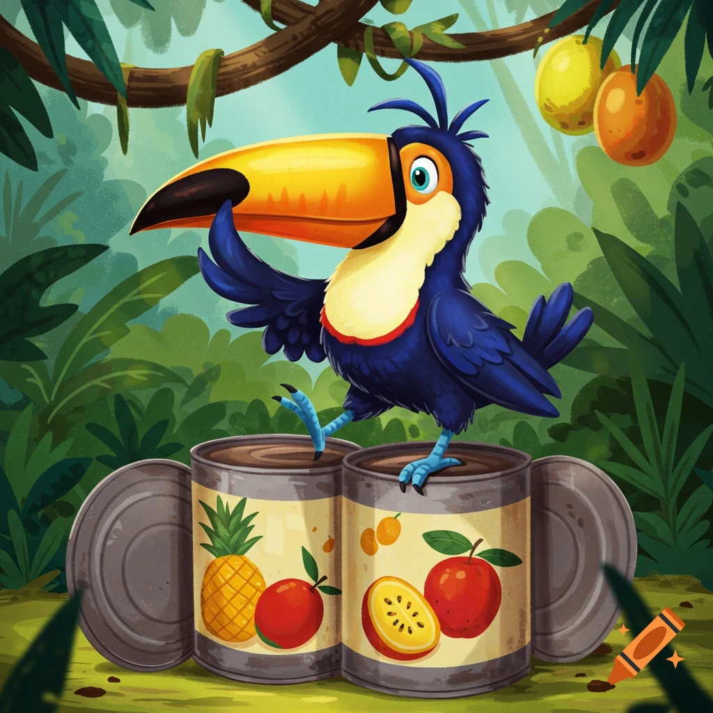 A cartoon toucan, similar to Toucan Sam, stands on two fruit-labeled cans in a lush jungle setting.