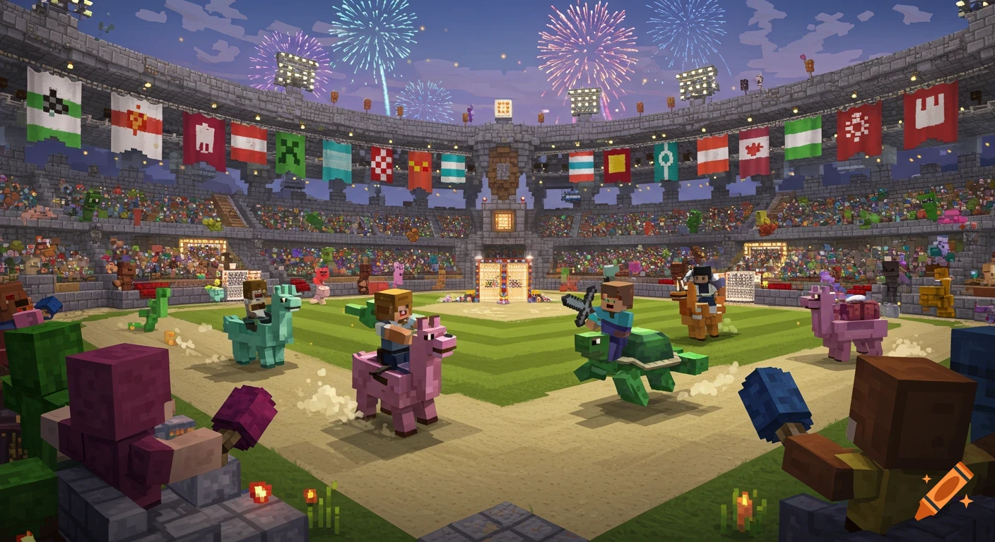 A vibrant Minecraft stadium with blocky characters riding animals in a ...