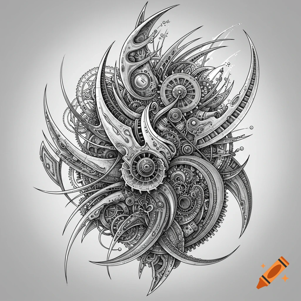 Intricate black and white drawing of a complex, futuristic machine with gears, spikes, and mechanical components.