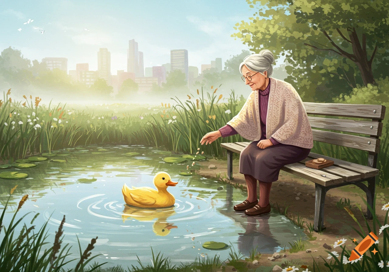 An old woman on a park bench feeds bread crumbs to a yellow duck in a pond, with a city skyline in the background.