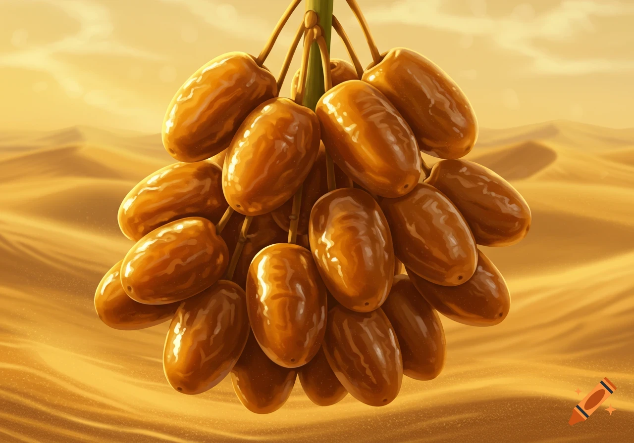 A close-up of a bunch of ripe brown dates hanging against a warm, blurry desert background with sand dunes.