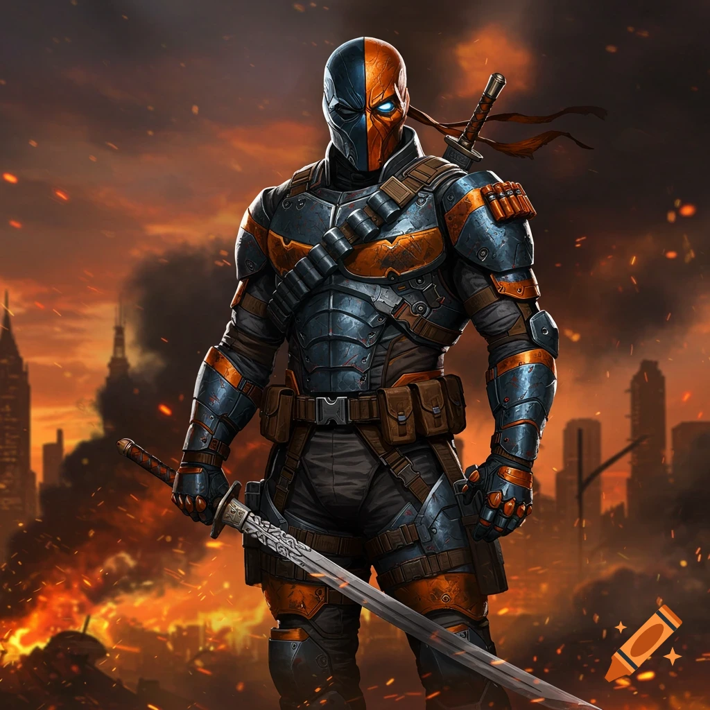 Deathstroke, a masked character in orange and blue armor, stands holding a sword in a burning city landscape, comic book style.