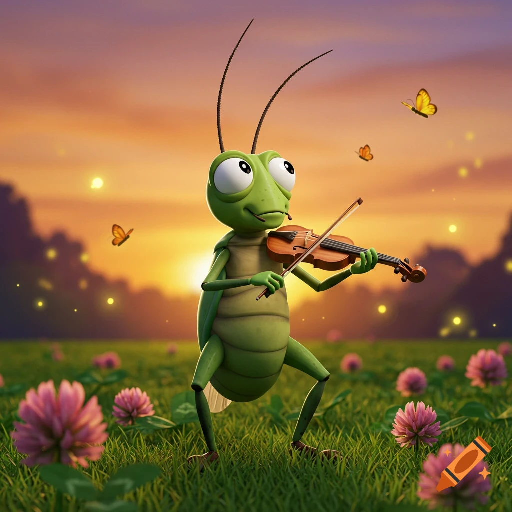 A cheerful green cartoon cricket plays a violin in a field of clover flowers and butterflies at sunset.