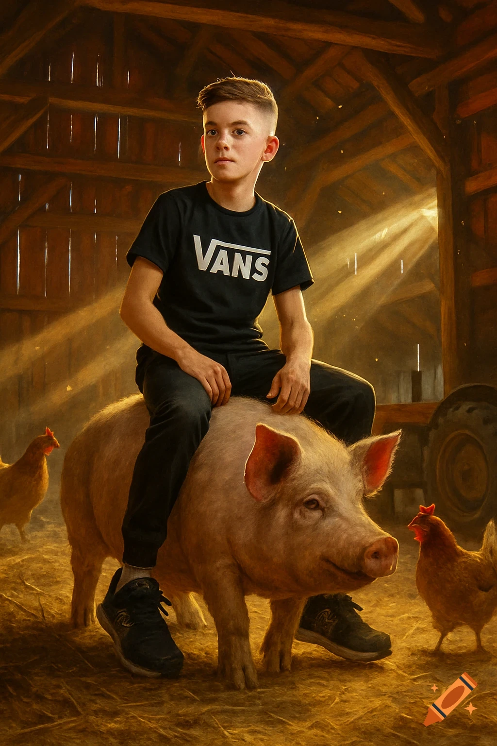A teenage boy in a black Vans t-shirt rides a pig in a sunlit barn with chickens nearby, photorealistic.