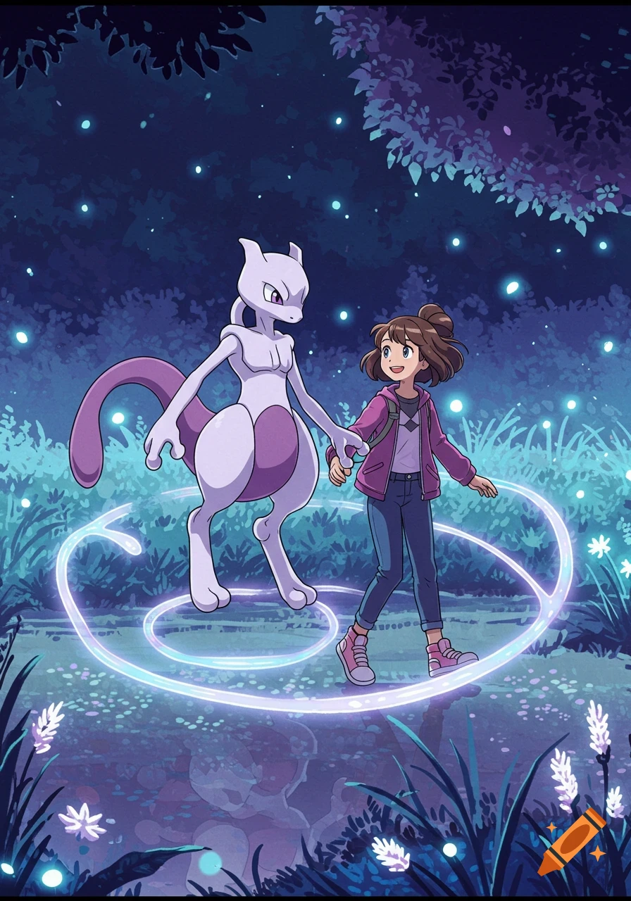Mewtwo and a teenage girl walk hand-in-hand through a glowing, magical forest at night in an anime style.