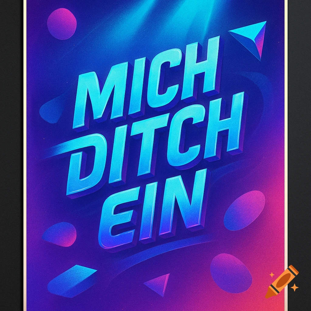 Stylized 3D text "MICH DITCH EIN" in blue, on a vibrant purple and pink abstract background with geometric shapes and light.