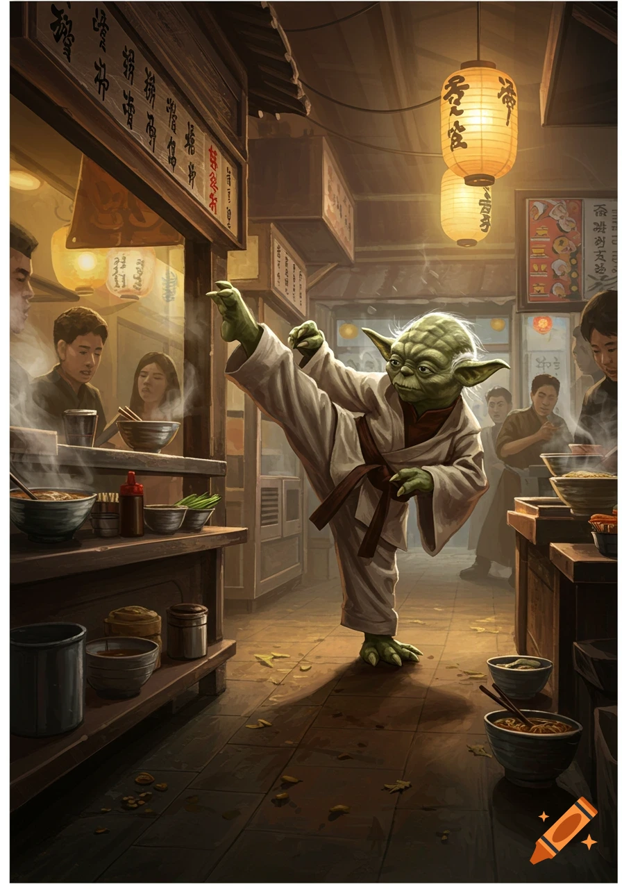 Yoda in a white gi with a brown belt performs a high kick in a bustling Asian noodle shop, a digital painting.