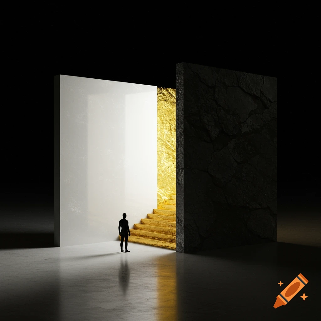 A human silhouette stands before a geometric structure with white and black walls, facing a golden staircase leading into light.