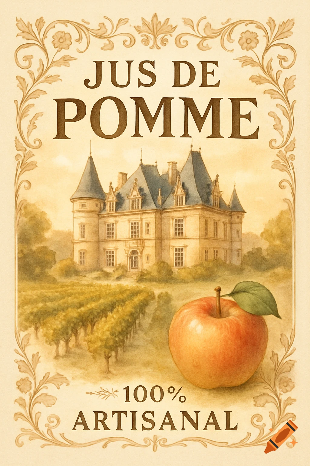 Vintage-style apple juice label featuring a French château, a vineyard, and a red apple, with text 'JUS DE POMME 100% ARTISANAL'.