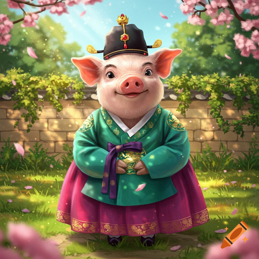 A cute stylized pig wearing a green and pink traditional Korean hanbok smiles in a blooming garden.