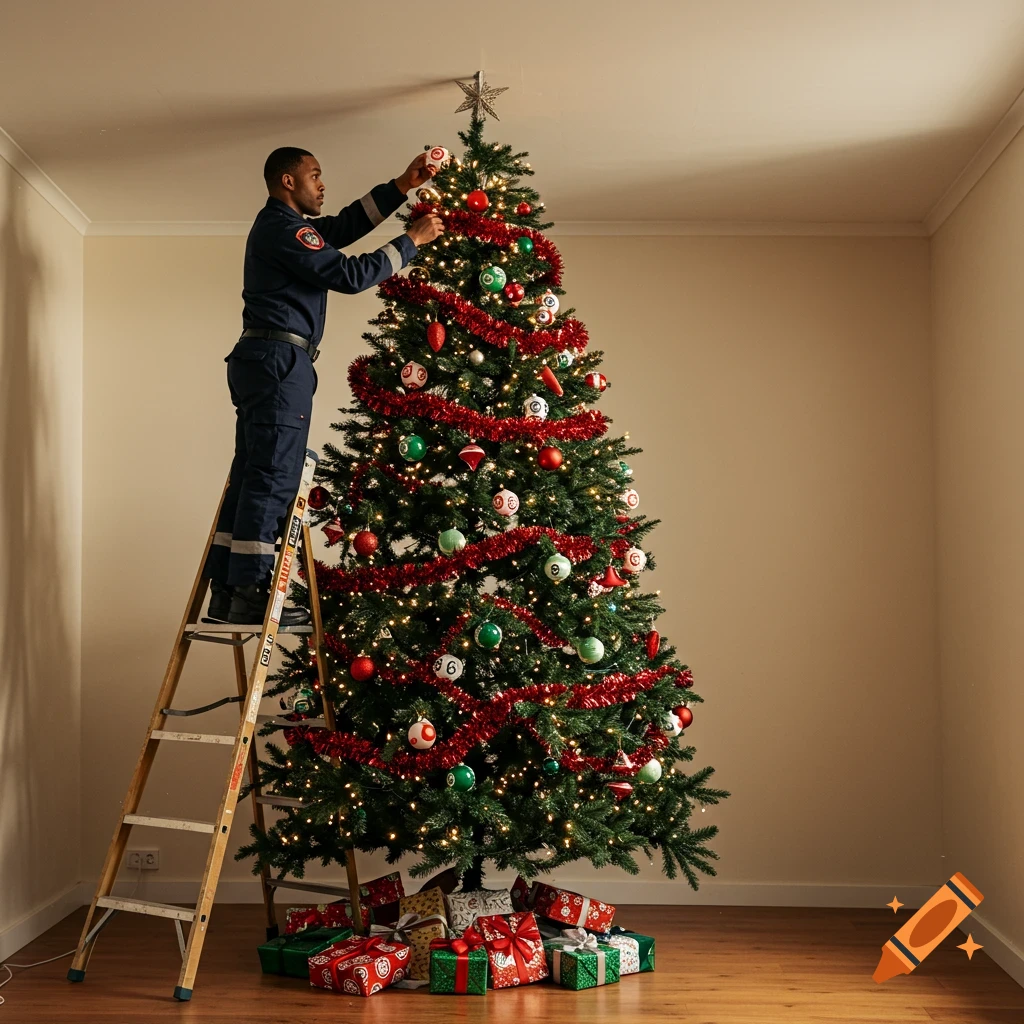 A firefighter in uniform stands on a ladder, placing ornaments on a festive Christmas tree adorned with red and green decorations, with wrapped presents at its base.