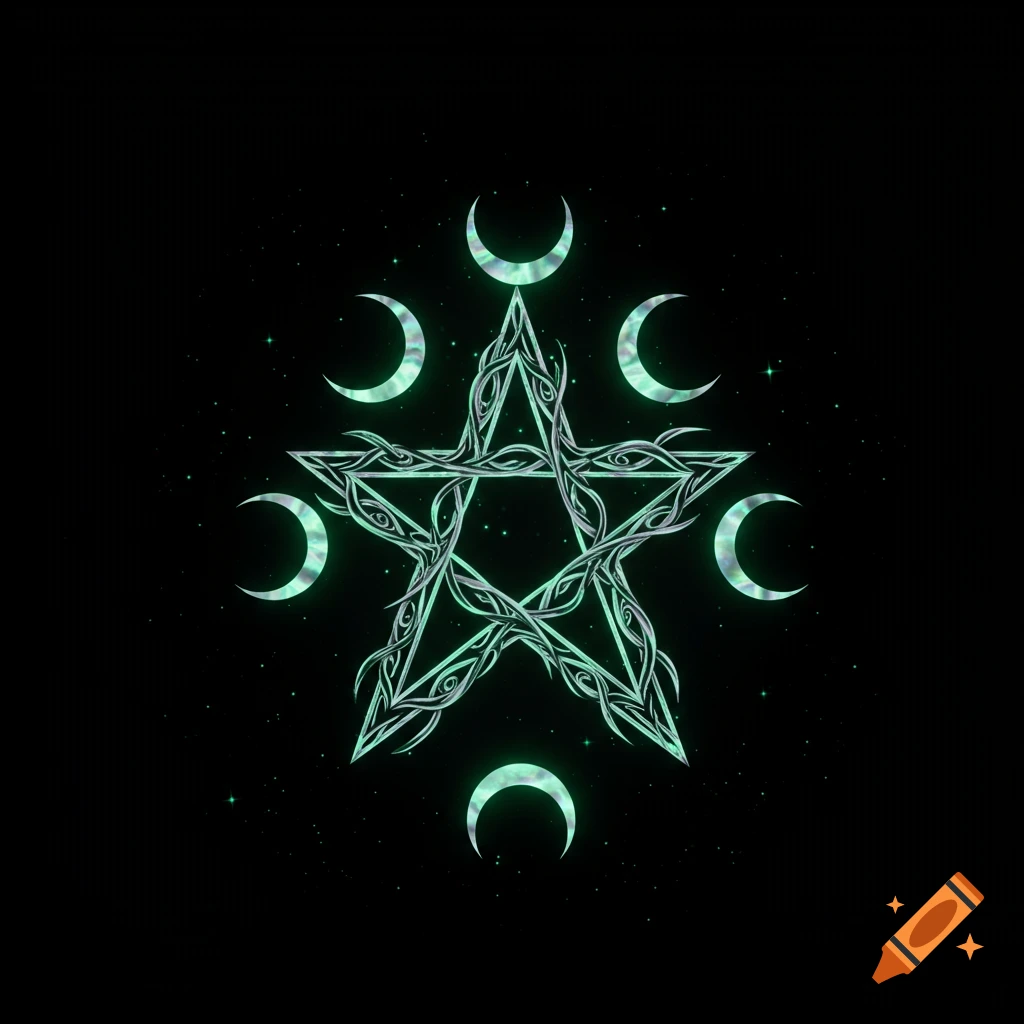 Glowing, intricate pentagram with seven crescent moons on a starry black background.