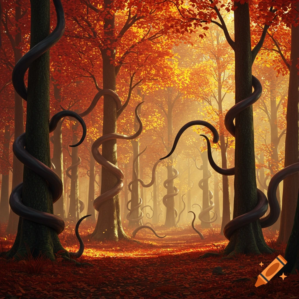 An autumn forest path with vibrant orange and yellow trees, featuring dark, winding tentacles entwined around tree trunks and on the ground.