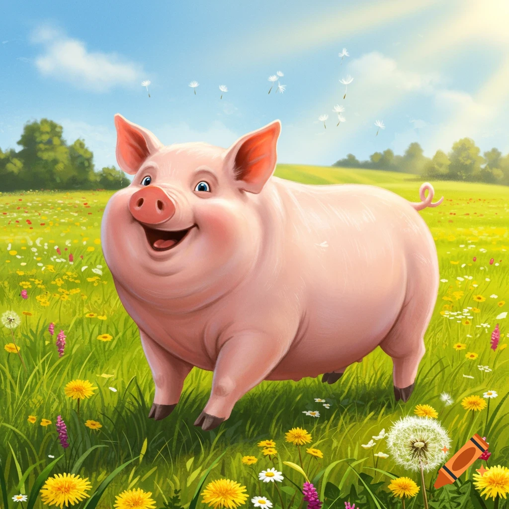 A cheerful pink cartoon pig with blue eyes smiles in a sunny green meadow filled with yellow dandelions and white daisies.