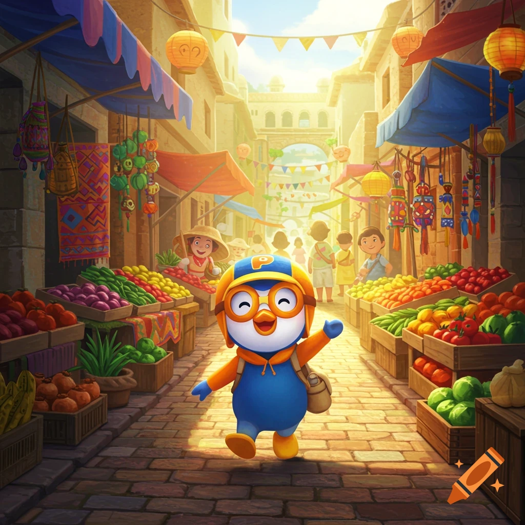 A happy cartoon penguin, Pororo, wearing a blue outfit and yellow helmet, waves in a bustling, sunny market street lined with fruit and craft stalls.