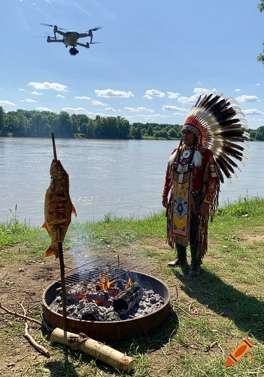 A person in Native American traditional dress stands by a campfire roasting fish on a spit, with a drone flying overhead, by a wide river.