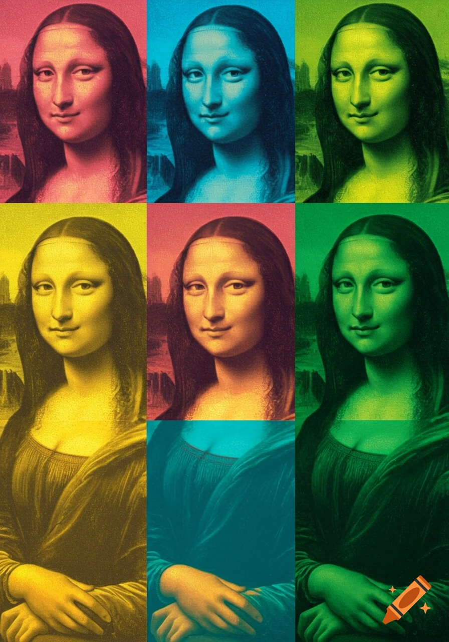 A pop art grid of nine Mona Lisa portraits, each with a different vibrant color filter.