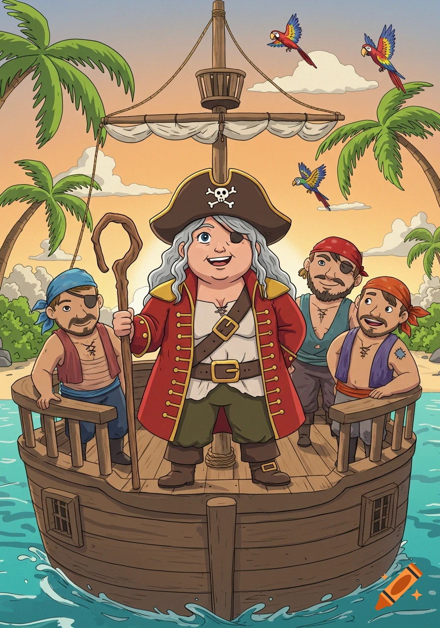 A cute cartoon of a stout female pirate captain with an eyepatch and three male pirates on a ship near a tropical island with palm trees and parrots.