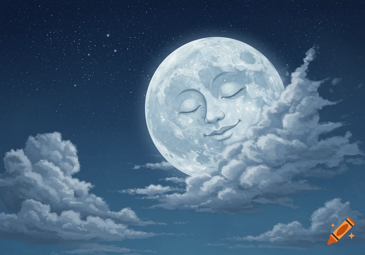 A gentle-faced full moon with closed eyes peeking from behind soft clouds in a starry night sky, illustration.