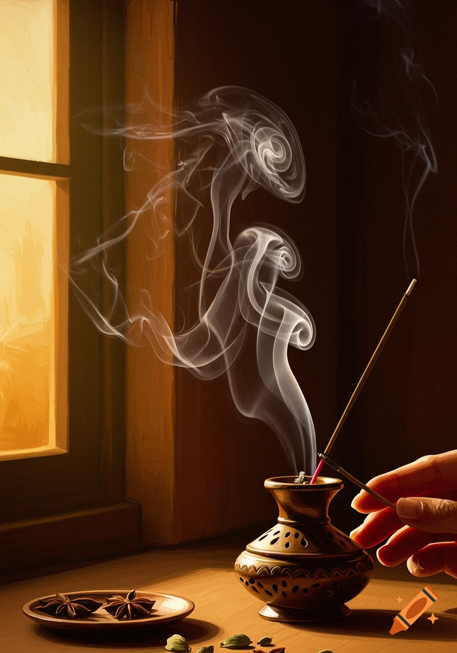 A hand lights an incense stick in an ornate censer, releasing swirling smoke. Star anise and cardamom pods are on a table near a window.